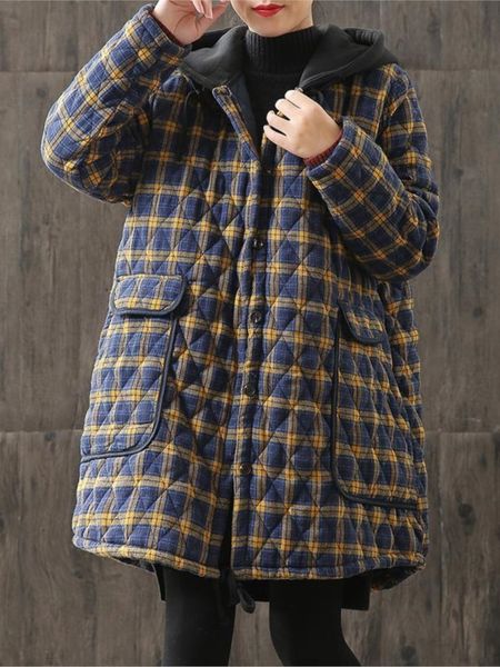 women's down parkas johnature women hooded plaid vintage button coats loose autumn winter pockets female casual warm 221123, Black
women's down parkas johnature women hooded plaid vintage button coats loose autumn winter pockets female casual warm 221123, Black