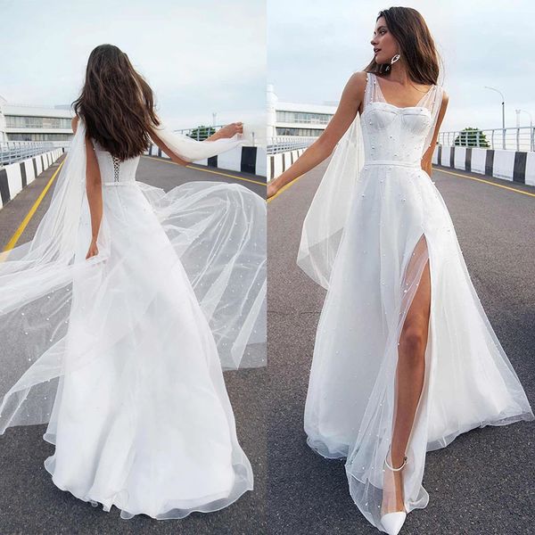 2022 beach bridal wedding gowns sleeveless side slit v neckline pearls wedding dresses for bride lace up back, White
2022 beach bridal wedding gowns sleeveless side slit v neckline pearls wedding dresses for bride lace up back, White