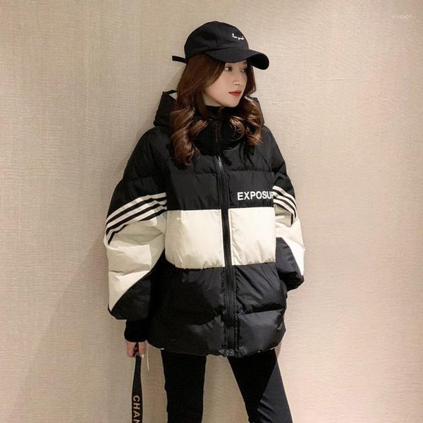 women's down winter hooded jacket short loose thick keep warm white duck coat korean casual splicing outerwear female, Black
women's down winter hooded jacket short loose thick keep warm white duck coat korean casual splicing outerwear female, Black