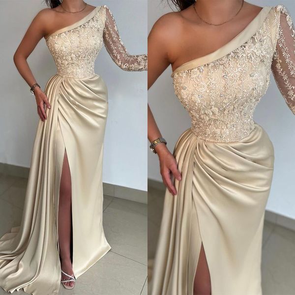 2023 champagne prom dresses one shoulder long sleeves high split beaded lace applique satin custom made evening gown formal occasion wear ve, Black
2023 champagne prom dresses one shoulder long sleeves high split beaded lace applique satin custom made evening gown formal occasion wear ve, Black
