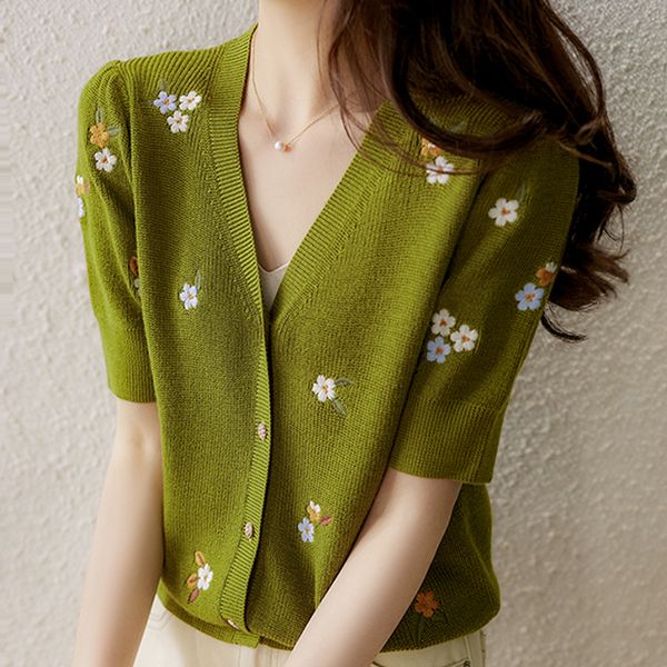 women's knits tees knitted cardigan sweater short sleeve embroidery knit pullover blusas mujer de moda cardigans e980 221123, White
women's knits tees knitted cardigan sweater short sleeve embroidery knit pullover blusas mujer de moda cardigans e980 221123, White