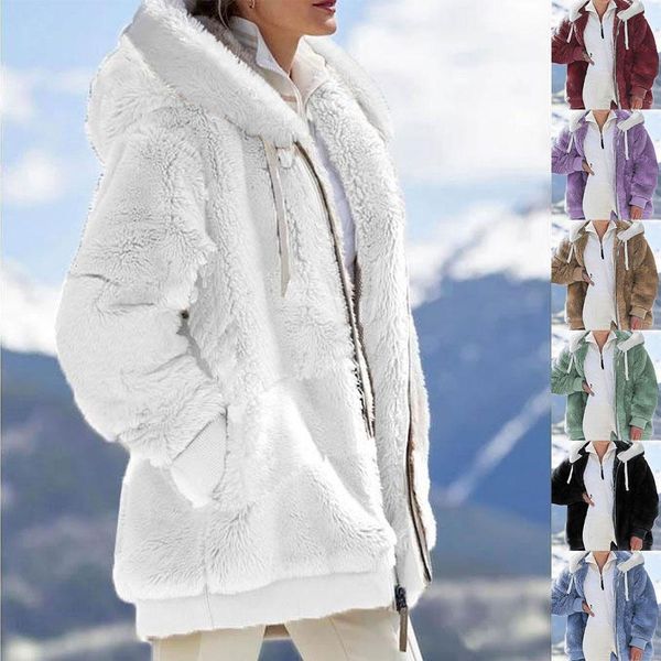 women's fur faux winter plush hooded sweater zipper autumn and loose coat women warm jacket outwear 221123, Black
women's fur faux winter plush hooded sweater zipper autumn and loose coat women warm jacket outwear 221123, Black