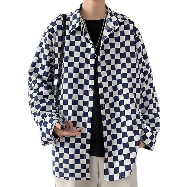 men's casual shirts spring oversize checkerboard men clothing baggy blouse fashion korean street long sleeve button coat male plus siz, White;black
men's casual shirts spring oversize checkerboard men clothing baggy blouse fashion korean street long sleeve button coat male plus siz, White;black