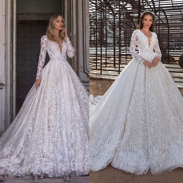 elegant ball gown wedding dresses deep v-neck long transparent lace sleeves layered net stain with applicant chapel gown custom made plus si, White
elegant ball gown wedding dresses deep v-neck long transparent lace sleeves layered net stain with applicant chapel gown custom made plus si, White