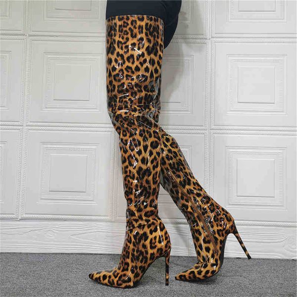 

boots arden furtado leopard print high heels 12cm over the knee boots woman pointed toe stilettos zipper thigh height 220906, Black