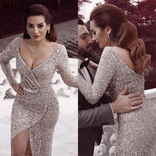 2023 sparkly sequins prom dresses mermaid long sleeves deep v neck front slit custom made ruched evening party gowns vestidos formal occasio, Black
2023 sparkly sequins prom dresses mermaid long sleeves deep v neck front slit custom made ruched evening party gowns vestidos formal occasio, Black