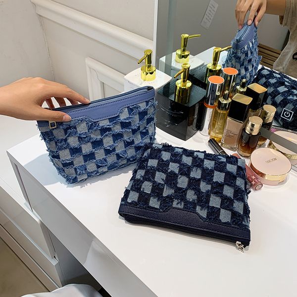 dhl50pcs cosmetic bags women denim fabric blue pu patchwork grid large capacity protable travel storage bag
dhl50pcs cosmetic bags women denim fabric blue pu patchwork grid large capacity protable travel storage bag