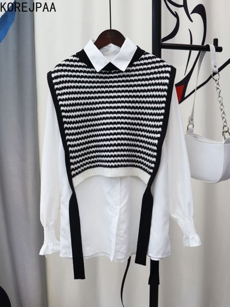two piece dress korejpaa knitwear casual vest suit women striped round neck sweater vests korean fashion long sleeve shirt two piece set ele, White
two piece dress korejpaa knitwear casual vest suit women striped round neck sweater vests korean fashion long sleeve shirt two piece set ele, White