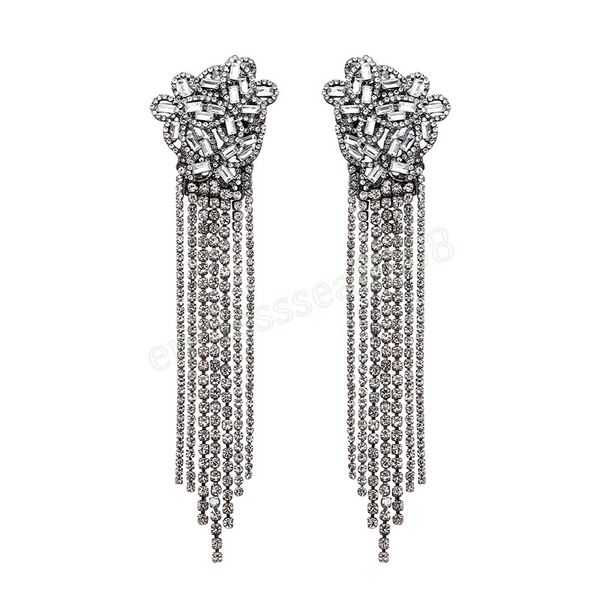 fashion rhinestone tassel dangle earrings for women luxury full crystal earrings statement jewelry accessories gifts, Silver