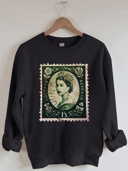 women's hoodies sweatshirts queen's stamp print crew neck sweatshirt 221124, Black