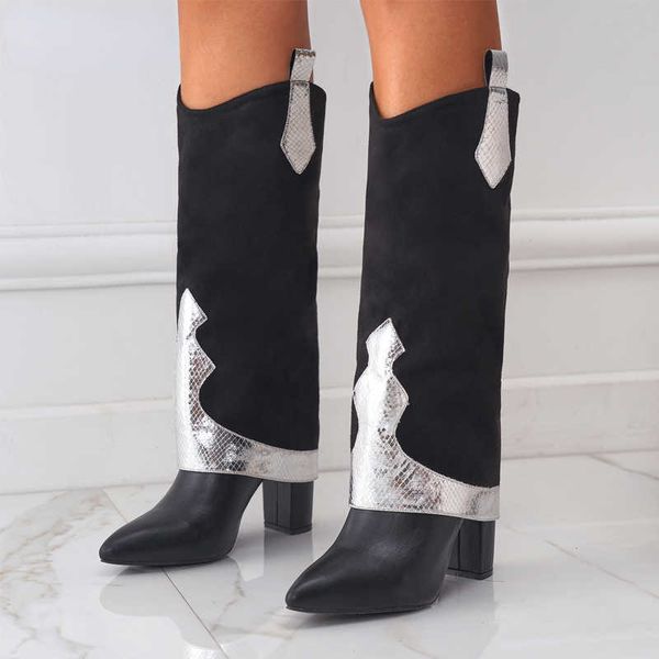 boots gold silver serpentine pointed toe women long knee high boots winter shoes chunky heel female chelsea booties 221123, Black 
boots gold silver serpentine pointed toe women long knee high boots winter shoes chunky heel female chelsea booties 221123, Black