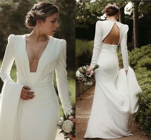 modest crepe boho mermaid wedding dresses satin long sleeve bridal gowns ruched sweep train country garden mariage, White
modest crepe boho mermaid wedding dresses satin long sleeve bridal gowns ruched sweep train country garden mariage, White