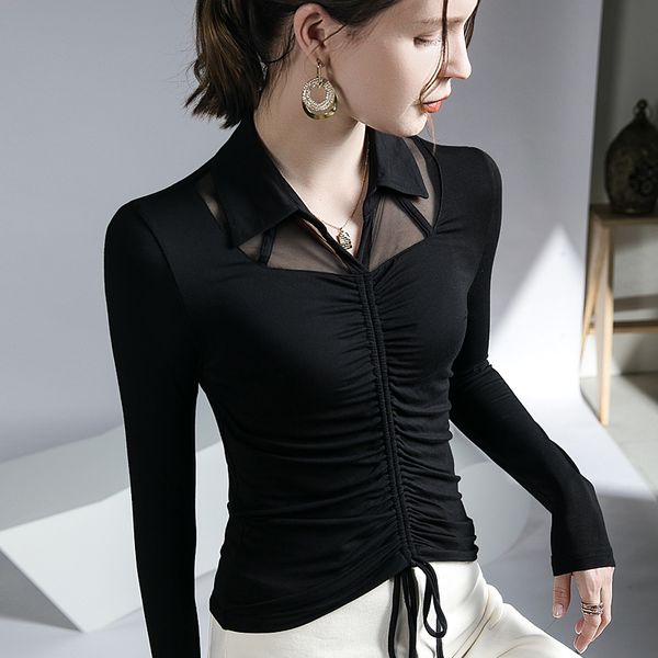 women's tshirt autumn modal t shirt women's full sleeve patched mesh vneck tshirt tees female draw string stretchy sheath tshirts, White
women's tshirt autumn modal t shirt women's full sleeve patched mesh vneck tshirt tees female draw string stretchy sheath tshirts, White
