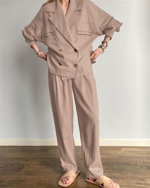 women's two piece pants chic cotton linen set women tracksuit spring summer clothes long sleeve oversize blazer suit office lady outfit, White
women's two piece pants chic cotton linen set women tracksuit spring summer clothes long sleeve oversize blazer suit office lady outfit, White