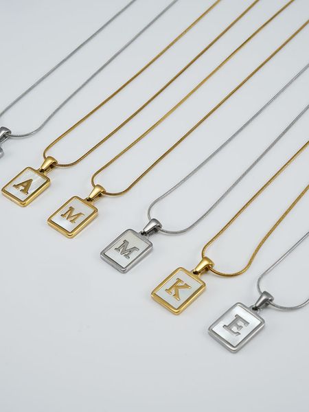 a-z letter necklace stainless steel 18k gold plate square shell alphabet necklaces pendants with snake chain, Silver
a-z letter necklace stainless steel 18k gold plate square shell alphabet necklaces pendants with snake chain, Silver