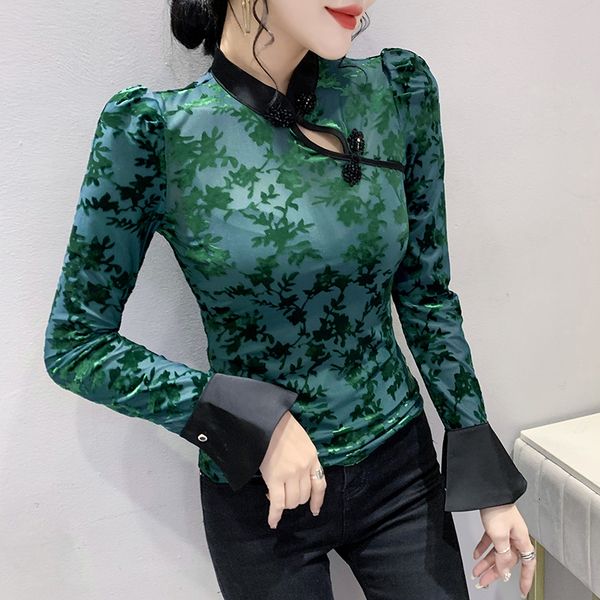 women's tshirt s3xl vintage flocking mesh tshirts female chinese style collar patched flare full sleeve tshirt for women 221124, White
women's tshirt s3xl vintage flocking mesh tshirts female chinese style collar patched flare full sleeve tshirt for women 221124, White
