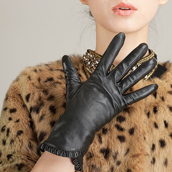 five fingers gloves women genuine sheepskin leather gloves autumn winter warm full finger black ruffle mittens s2146 221123, Blue;gray
five fingers gloves women genuine sheepskin leather gloves autumn winter warm full finger black ruffle mittens s2146 221123, Blue;gray