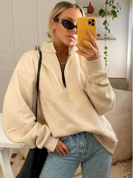 women's hoodies sweatshirts women solid sweatshirt loose long sleeve tshirt stand collar zipper fashion streetwear autumn oversize 2211, Black
women's hoodies sweatshirts women solid sweatshirt loose long sleeve tshirt stand collar zipper fashion streetwear autumn oversize 2211, Black