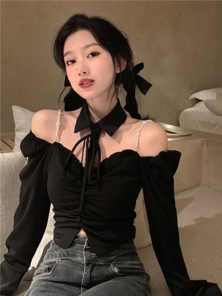 women's blouses shirts female slim slash neck off shoulder pleated drawstring long sleeve solid women spring autumn crop 221123, White
women's blouses shirts female slim slash neck off shoulder pleated drawstring long sleeve solid women spring autumn crop 221123, White