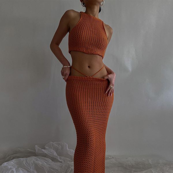 two piece dress high waist knitted set beach spring summer backless lace up hollow out long for party 221123, White
two piece dress high waist knitted set beach spring summer backless lace up hollow out long for party 221123, White