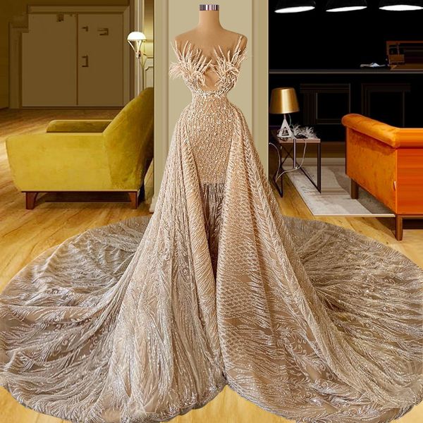 luxury mermaid gold prom dresses feathers lace illusion party dresses sequined with detachable train custom made evening dress, Black;red
luxury mermaid gold prom dresses feathers lace illusion party dresses sequined with detachable train custom made evening dress, Black;red