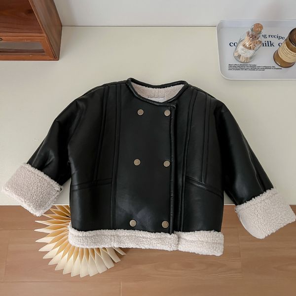 16041 winter boys girls outwear jacket for kids faux lamb fur coat o-neck outerwear children pu leather jackets, Blue;gray