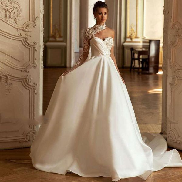 modern lace satin wedding dress for women elegant 2023 high neck one shoulder bride bridal gowns open back vestidos de noiva, White
modern lace satin wedding dress for women elegant 2023 high neck one shoulder bride bridal gowns open back vestidos de noiva, White