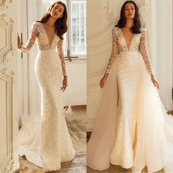 elegant mermaid wedding dresses transparent bateau v-neck flower applicant lace sleeves with detachable trailer chapel gown custom made plus, White
elegant mermaid wedding dresses transparent bateau v-neck flower applicant lace sleeves with detachable trailer chapel gown custom made plus, White
