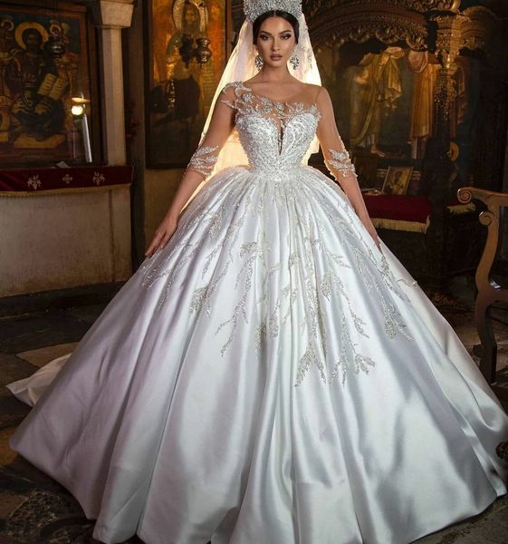 glitter wedding dress sheer neck half sleeves o neck bridal gowns custom mades lace appliques sequins beads arabic vestido de novia, White
glitter wedding dress sheer neck half sleeves o neck bridal gowns custom mades lace appliques sequins beads arabic vestido de novia, White