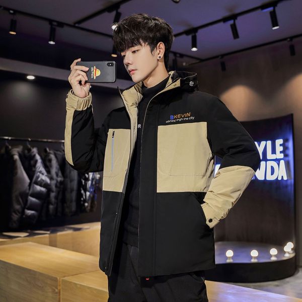 men's down parkas korean trend college style student hooded down jacket winter warm outdoor casual coats fashion color block design puf, Black
men's down parkas korean trend college style student hooded down jacket winter warm outdoor casual coats fashion color block design puf, Black
