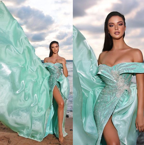 chic mint green prom dresses off shoulder beading lace sequins party dresses side split a line custom made evening dress, Black;red
chic mint green prom dresses off shoulder beading lace sequins party dresses side split a line custom made evening dress, Black;red