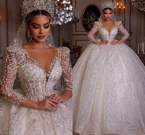sparkly sequined wedding dress v neck three quarter sleeve bridal gowns custom made dubai beading saudi arabic vestido de novia, White
sparkly sequined wedding dress v neck three quarter sleeve bridal gowns custom made dubai beading saudi arabic vestido de novia, White