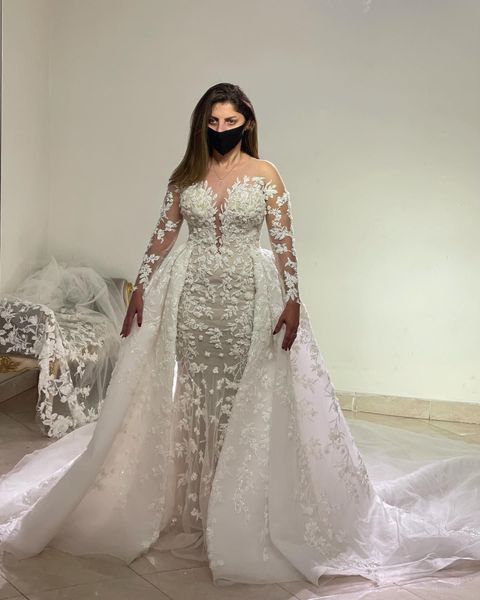 illusion long sleeve mermaid wedding dresses with detachable train lace floral embroidery princess church royal bridal gowns, White
illusion long sleeve mermaid wedding dresses with detachable train lace floral embroidery princess church royal bridal gowns, White