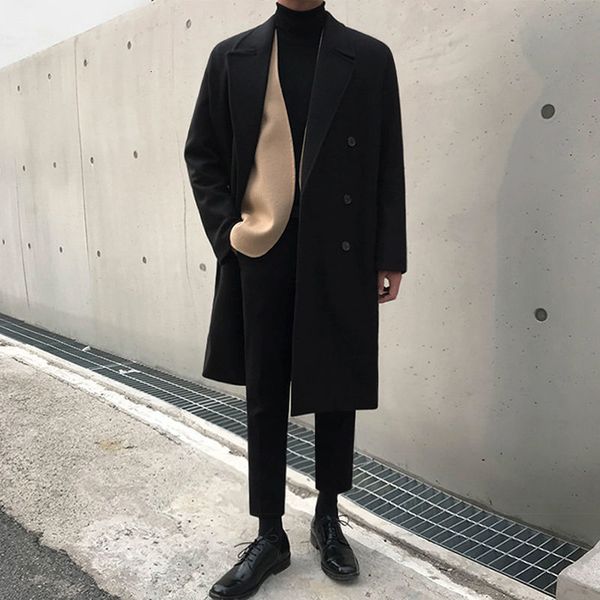 men's wool blends spring and autumn medium length coat thickened fashionable woolen coat loose casual double breasted clothing s169 221, Black
men's wool blends spring and autumn medium length coat thickened fashionable woolen coat loose casual double breasted clothing s169 221, Black