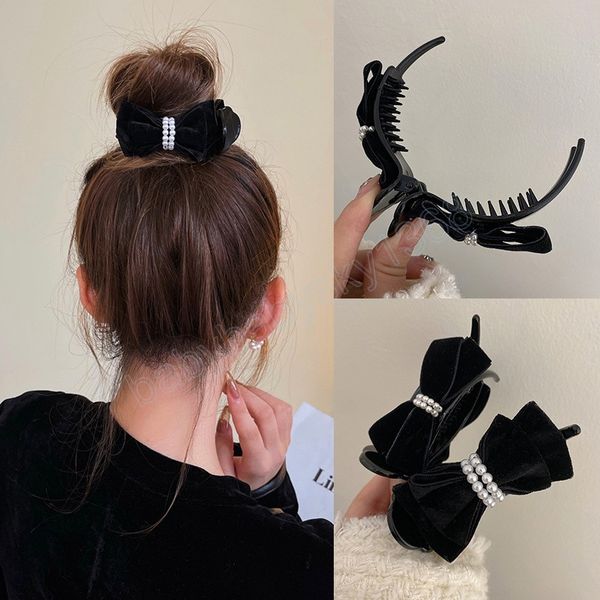 women small black velvet bow pearl hair claws elegant meatball hairpins side clip barrette girls horsetail clips, Slivery;white
women small black velvet bow pearl hair claws elegant meatball hairpins side clip barrette girls horsetail clips, Slivery;white