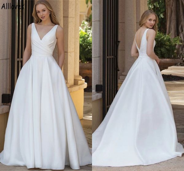 simple elegant satin a line wedding dresses with pocket v neck pleats backless boho garden bridal gowns sweep train modern robes de mariee p, White
simple elegant satin a line wedding dresses with pocket v neck pleats backless boho garden bridal gowns sweep train modern robes de mariee p, White