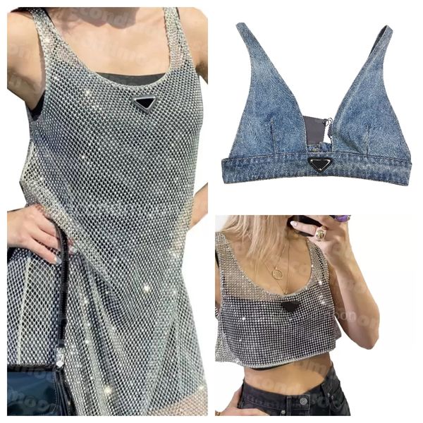 Image of Women Shiny Rhinestone Dress Sexy Crop Top Vest Fashion Denim Bra Tops Sleeveless Sling Vests Woman Dresses