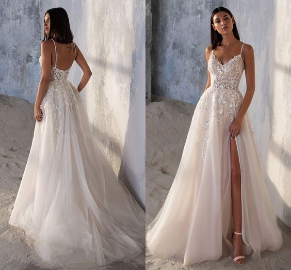 sparkling wedding dress backless spaghetti straps v neck sequin lace slit tulle bride bridal gowns boho vestidos de noiva, White
sparkling wedding dress backless spaghetti straps v neck sequin lace slit tulle bride bridal gowns boho vestidos de noiva, White