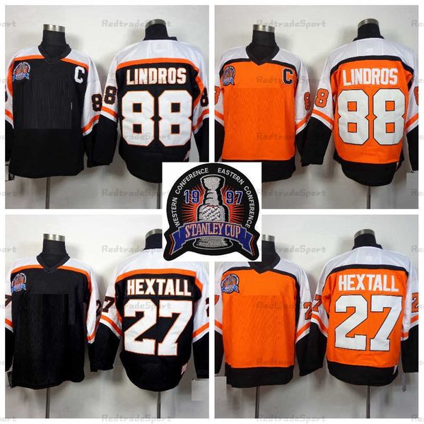 1997 stanley cup final retro 27 ron hextall 88 eric lindros hockey''nhl''jerseys black orange vintage stitched jersey c, Black;red
1997 stanley cup final retro 27 ron hextall 88 eric lindros hockey''nhl''jerseys black orange vintage stitched jersey c, Black;red
