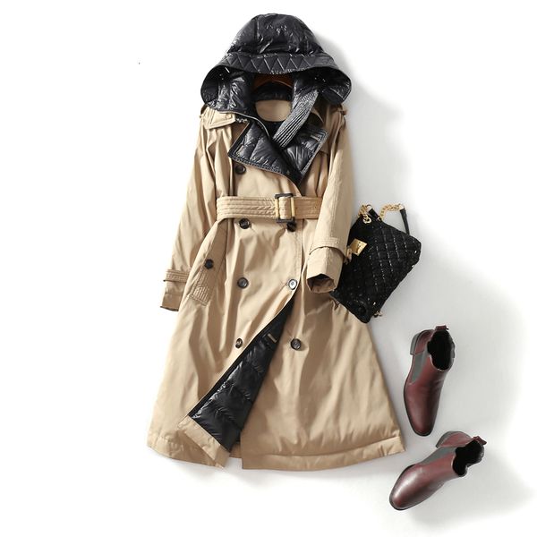 women's down parkas trench jacket winter hooded white duck thick warm long parka windbreak coat with belt 221124, Black
women's down parkas trench jacket winter hooded white duck thick warm long parka windbreak coat with belt 221124, Black