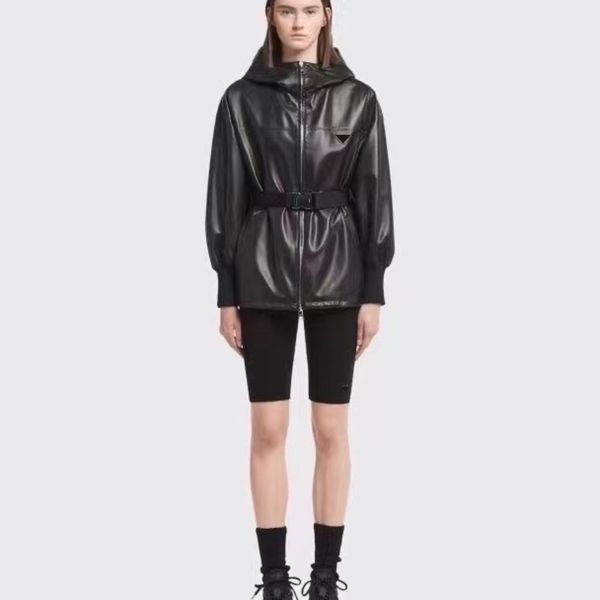 womens designer hooded jackets triangle fashion long sleeve genuine leather jacket e138, Black;brown
womens designer hooded jackets triangle fashion long sleeve genuine leather jacket e138, Black;brown