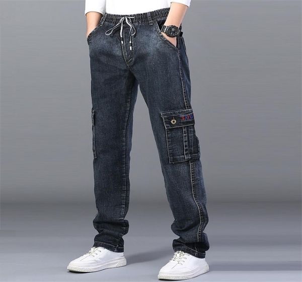 men039s high waist jeans straight large size dinem trouser male black side multi pocket blue loose elastic band cargo pants 211, Black;brown 
men039s high waist jeans straight large size dinem trouser male black side multi pocket blue loose elastic band cargo pants 211, Black;brown