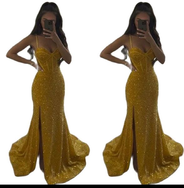 charming gold sequins prom dresses 2023 mermaid split spaghetti straps formal women evening party gowns maxi robe de soiree, Black
charming gold sequins prom dresses 2023 mermaid split spaghetti straps formal women evening party gowns maxi robe de soiree, Black