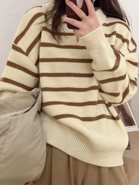 women's sweaters fashion women winter polo collar contrast color striped knitted sweater lazy style simple pullover sweater women 2211, White;black
women's sweaters fashion women winter polo collar contrast color striped knitted sweater lazy style simple pullover sweater women 2211, White;black