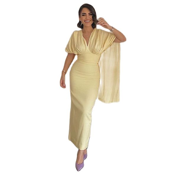 simple lemon yellow tight prom dresses cape sleeves v neck evening party gowns ankle length dubai formal, Black
simple lemon yellow tight prom dresses cape sleeves v neck evening party gowns ankle length dubai formal, Black