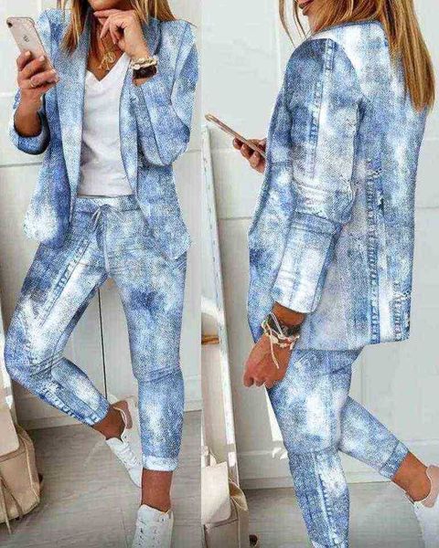 women blazer suits set new woman 2 piece denim look print scarf collar blazer and pants set female fashion clthes 2022 casual j220813, White;black
women blazer suits set new woman 2 piece denim look print scarf collar blazer and pants set female fashion clthes 2022 casual j220813, White;black