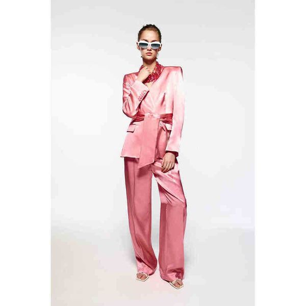 2022 women summer belt satin jacket straight pants suit fashion v neck long sleeves temperament wide leg pants j220813, White;black 
2022 women summer belt satin jacket straight pants suit fashion v neck long sleeves temperament wide leg pants j220813, White;black