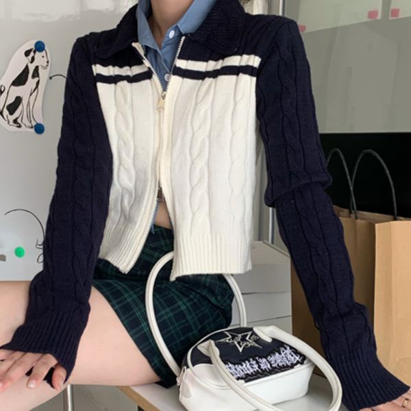 women's knits tees korean fashion zipper knitted cardigan mujer black and white patchwork polo collar cardigans preppy style sweater dr
women's knits tees korean fashion zipper knitted cardigan mujer black and white patchwork polo collar cardigans preppy style sweater dr