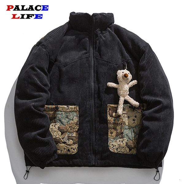 men's down parkas japanese streetwear men jacket coat bear patchwork corduroy harajuku cotton oversize winter outwear 221124, Black
men's down parkas japanese streetwear men jacket coat bear patchwork corduroy harajuku cotton oversize winter outwear 221124, Black