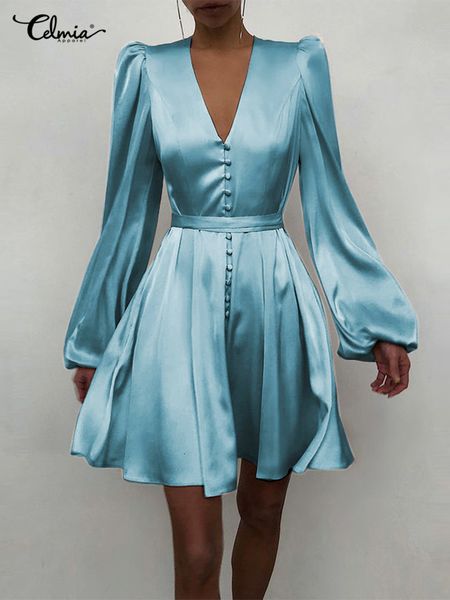 casual dresses women silk celmia satin mini robe summer elegant party wrap evening long lantern sleeve v neck solid vestidos 221125, Black;gray 
casual dresses women silk celmia satin mini robe summer elegant party wrap evening long lantern sleeve v neck solid vestidos 221125, Black;gray